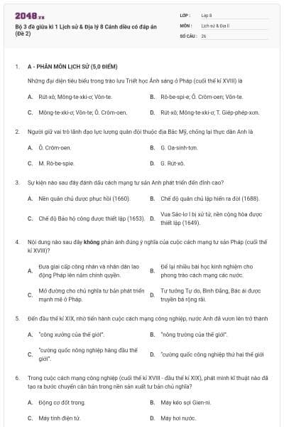 Bộ 3 đề giữa kì 1 Lịch sử & Địa lý 8 Cánh diều có đáp án (Đề 2)