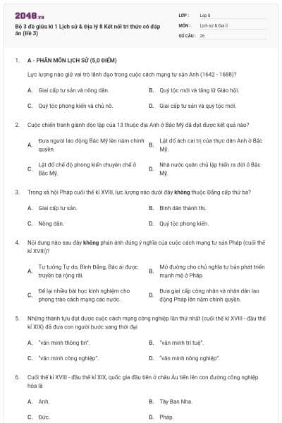 Bộ 3 đề giữa kì 1 Lịch sử & Địa lý 8 Kết nối tri thức có đáp án (Đề 3)