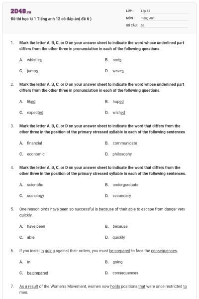 Đề thi học kì 1 Tiếng anh 12 có đáp án( đề 6 )