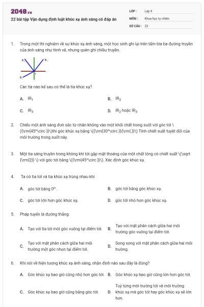 22 bài tập Vận dụng định luật khúc xạ ánh sáng có đáp án