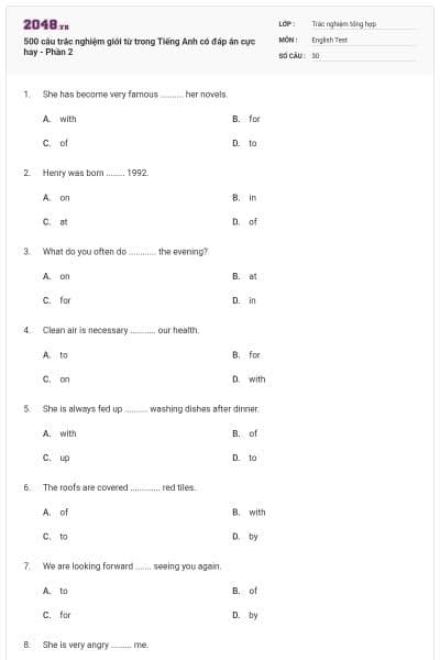 500 câu trắc nghiệm giới từ trong Tiếng Anh có đáp án cực hay - Phần 2