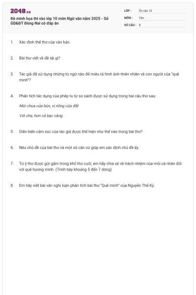 Đề minh họa thi vào lớp 10 môn Ngữ văn năm 2025 - Sở GD&ĐT Đồng Nai có đáp án