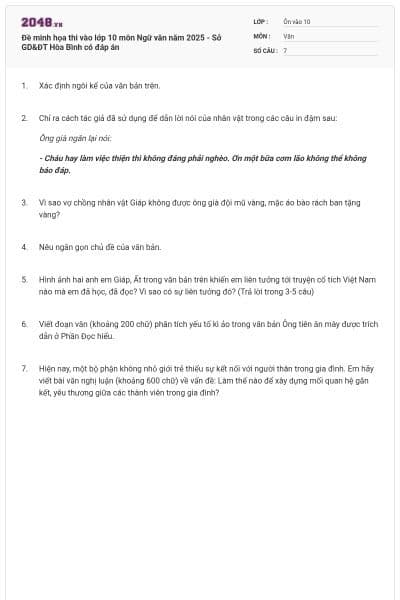 Đề minh họa thi vào lớp 10 môn Ngữ văn năm 2025 - Sở GD&ĐT Hòa Bình có đáp án