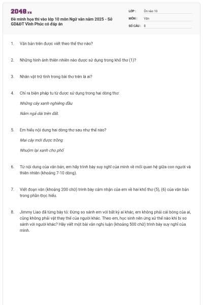 Đề minh họa thi vào lớp 10 môn Ngữ văn năm 2025 - Sở GD&ĐT Vĩnh Phúc có đáp án