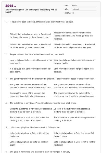 250 câu trắc nghiệm Câu đồng nghĩa trong Tiếng Anh cơ bản (P1)