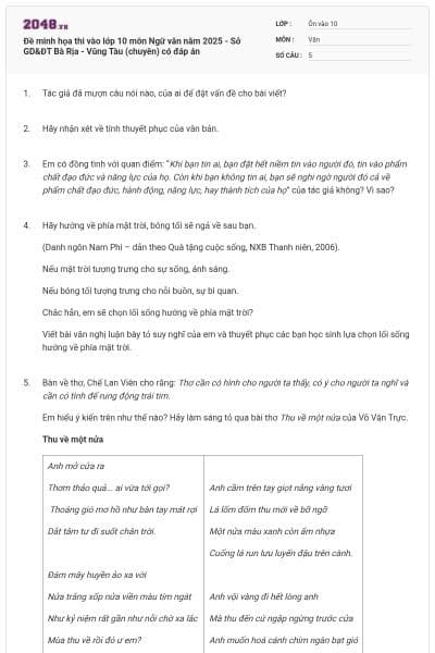 Đề minh họa thi vào lớp 10 môn Ngữ văn năm 2025 - Sở GD&ĐT Bà Rịa - Vũng Tàu (chuyên) có đáp án