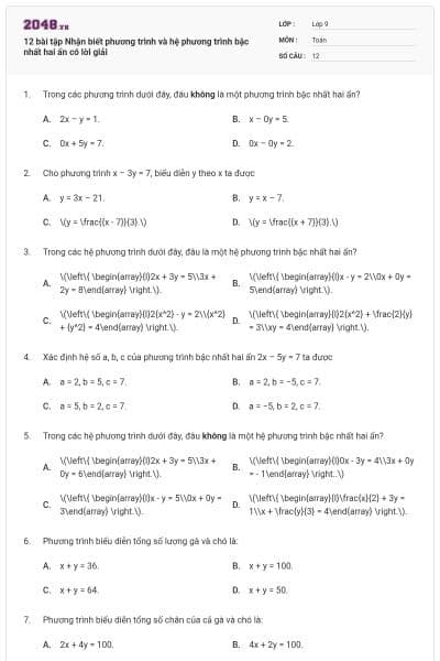12 bài tập Nhận biết phương trình và hệ phương trình bậc nhất hai ẩn có lời giải