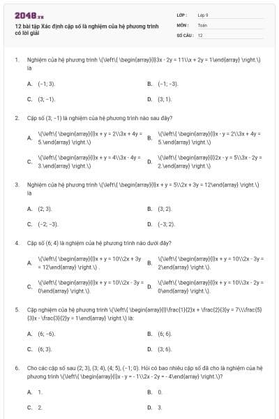 12 bài tập Xác định cặp số là nghiệm của hệ phương trình có lời giải