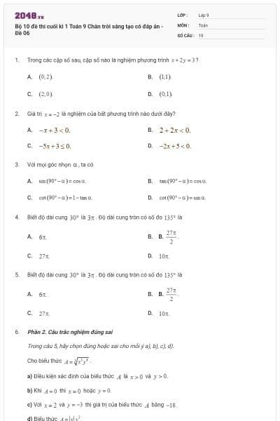 Bộ 10 đề thi cuối kì 1 Toán 9 Chân trời sáng tạo có đáp án - Đề 06