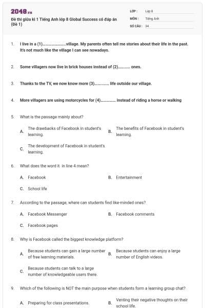 Đề thi giữa kì 1 Tiếng Anh lớp 8 Global Success có đáp án (Đề 1)