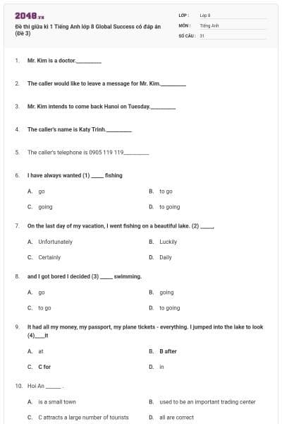 Đề thi giữa kì 1 Tiếng Anh lớp 8 Global Success có đáp án (Đề 3)