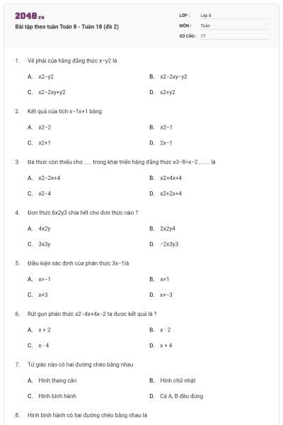 Bài tập theo tuần Toán 8 - Tuần 18 (đề 2)