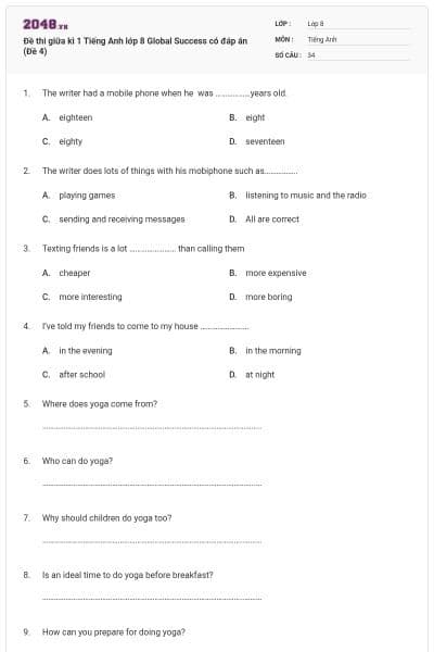 Đề thi giữa kì 1 Tiếng Anh lớp 8 Global Success có đáp án (Đề 4)