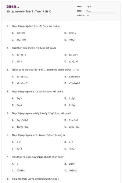 Bài tập theo tuần Toán 8 - Tuần 19 (đề 1)