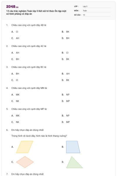 13 câu trắc nghiệm Toán lớp 5 Kết nối tri thức Ôn tập một số hình phẳng có đáp án