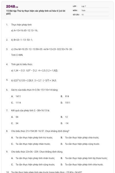 15 Bài tập Thứ tự thực hiện các phép tính số hữu tỉ (có lời giải)