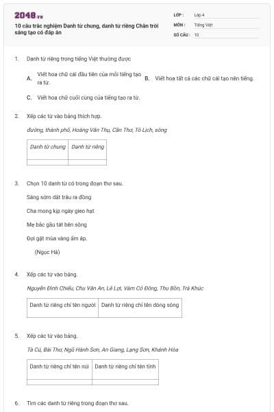 10 câu trắc nghiệm Danh từ chung, danh từ riêng Chân trời sáng tạo có đáp án