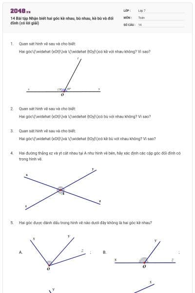 14 Bài tập Nhận biết hai góc kề nhau, bù nhau, kề bù và đối đỉnh (có lời giải)