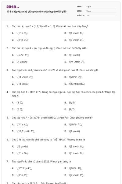 10 Bài tập Quan hệ giữa phần tử và tập hợp (có lời giải)