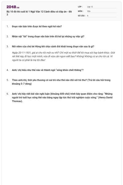 Bộ 10 đề thi cuối kì 1 Ngữ Văn 12 Cánh diều có đáp án - Đề 3