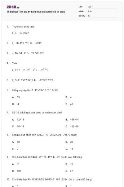 15 Bài tập Tính giá trị biểu thức số hữu tỉ (có lời giải)