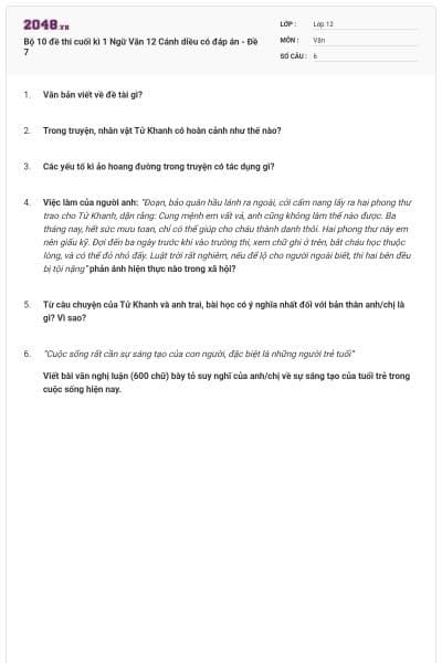 Bộ 10 đề thi cuối kì 1 Ngữ Văn 12 Cánh diều có đáp án - Đề 7