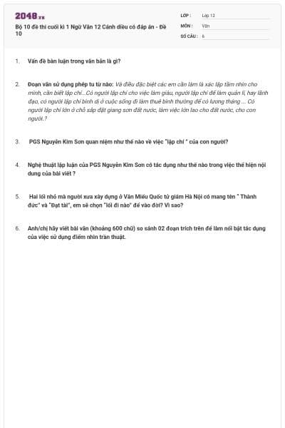 Bộ 10 đề thi cuối kì 1 Ngữ Văn 12 Cánh diều có đáp án - Đề 10