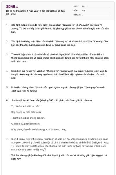Bộ 10 đề thi cuối kì 1 Ngữ Văn 12 Kết nối tri thức có đáp án - Đề 2