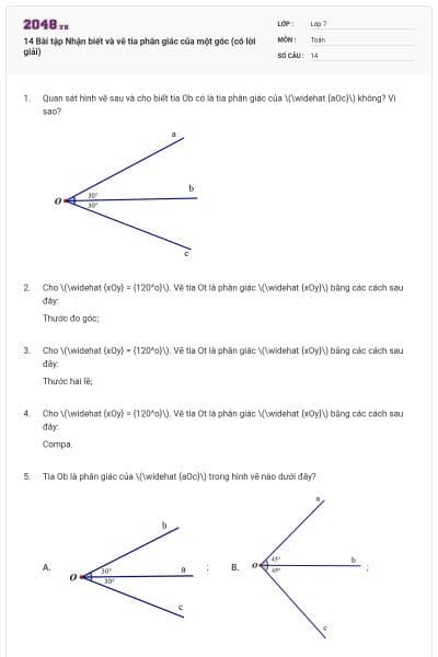14 Bài tập Nhận biết và vẽ tia phân giác của một góc (có lời giải)