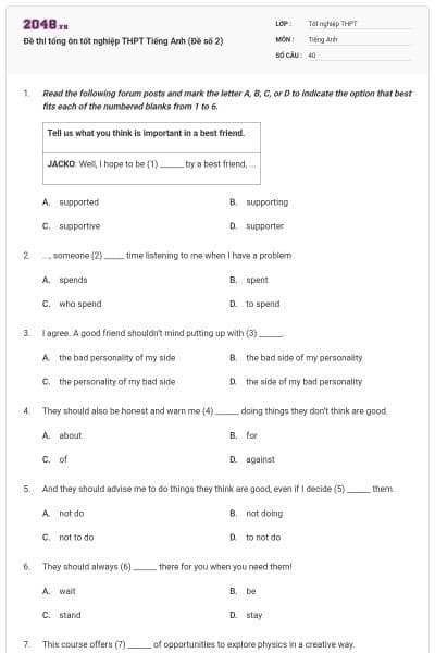 Đề thi tổng ôn tốt nghiệp THPT Tiếng Anh (Đề số 2)