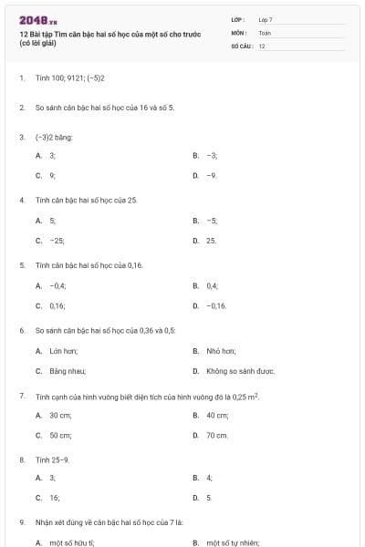 12 Bài tập Tìm căn bậc hai số học của một số cho trước (có lời giải)