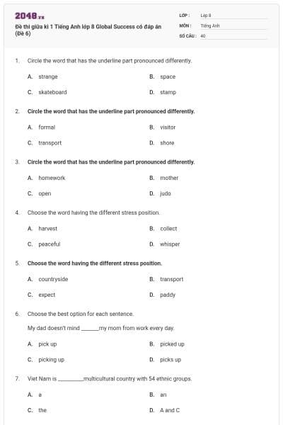 Đề thi giữa kì 1 Tiếng Anh lớp 8 Global Success có đáp án (Đề 6)
