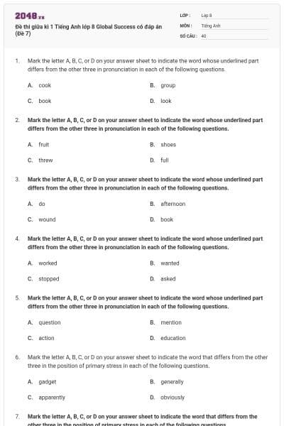 Đề thi giữa kì 1 Tiếng Anh lớp 8 Global Success có đáp án (Đề 7)