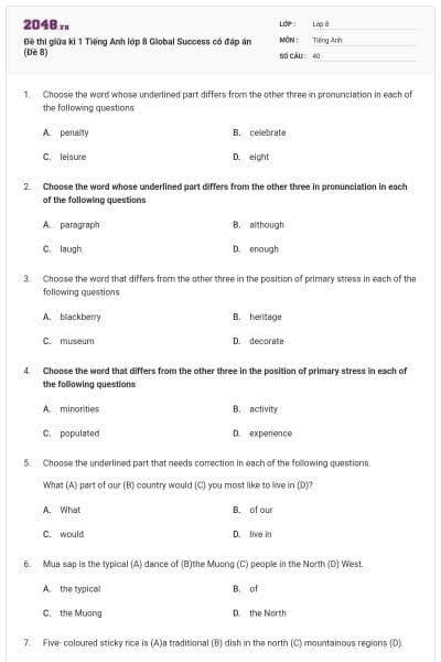 Đề thi giữa kì 1 Tiếng Anh lớp 8 Global Success có đáp án (Đề 8)