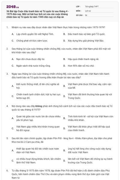 36 Bài tập Cuộc đấu tranh bảo vệ Tổ quốc từ sau tháng 4 - 1975 đến nay. Một số bài học lịch sử của các cuộc kháng chiến bảo vệ Tổ quốc từ năm 1945 đến nay có đáp án