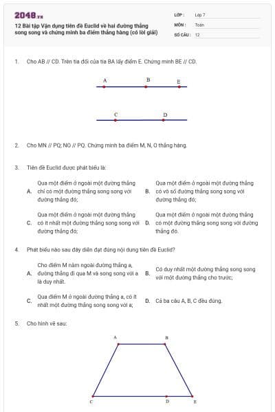 12 Bài tập Vận dụng tiên đề Euclid về hai đường thẳng song song và chứng minh ba điểm thẳng hàng (có lời giải)