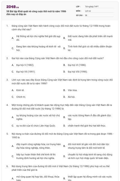 58 Bài tập Khái quát về công cuộc Đổi mới từ năm 1986 đến nay có đáp án