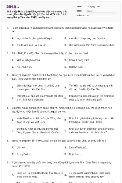 36 Bài tập Hoạt động đối ngoại của Việt Nam trong đấu tranh giành độc lập dân tộc (từ đầu thế kỉ XX đến Cách mạng tháng Tám năm 1945) có đáp án