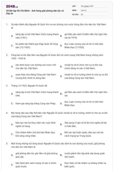 28 Bài tập Hồ Chí Minh - Anh hùng giải phóng dân tộc có đáp án