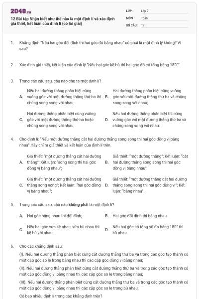 12 Bài tập Nhận biết như thế nào là một định lí và xác định giả thiết, kết luận của định lí (có lời giải)
