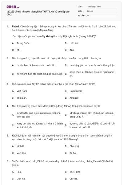 (2025) Đề thi tổng ôn tốt nghiệp THPT Lịch sử có đáp án- Đề 2