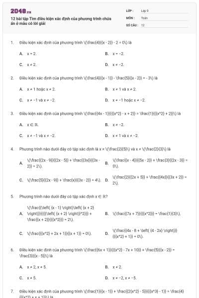 12 bài tập Tìm điều kiện xác định của phương trình chứa ẩn ở mẫu có lời giải