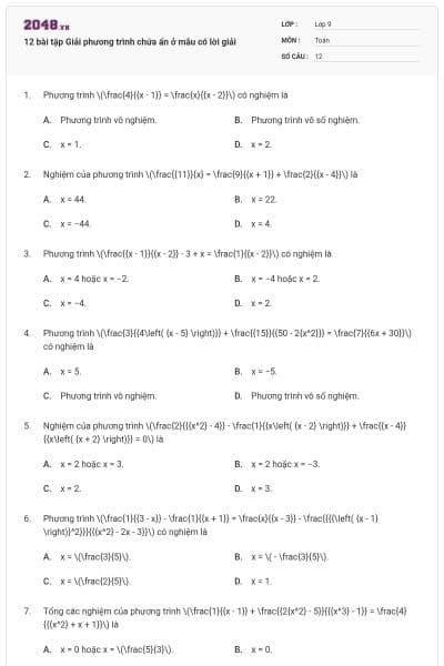 12 bài tập Giải phương trình chứa ẩn ở mẫu có lời giải