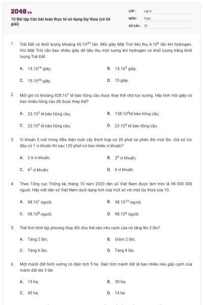 10 Bài tập Các bài toán thực tế sử dụng lũy thừa (có lời giải)
