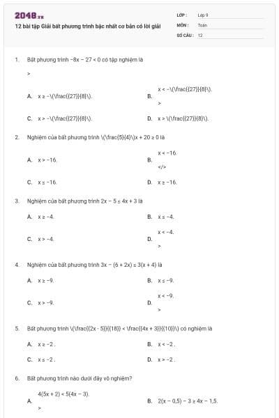12 bài tập Giải bất phương trình bậc nhất cơ bản có lời giải
