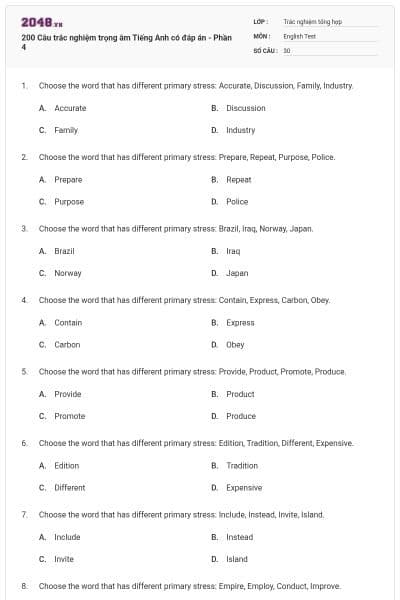 200 Câu trắc nghiệm trọng âm Tiếng Anh có đáp án - Phần 4