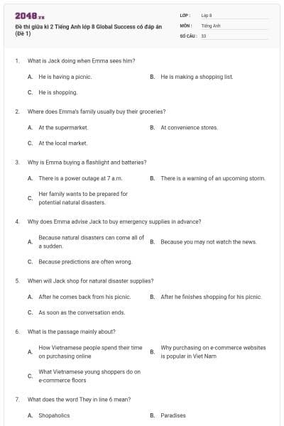 Đề thi giữa kì 2 Tiếng Anh lớp 8 Global Success có đáp án (Đề 1)