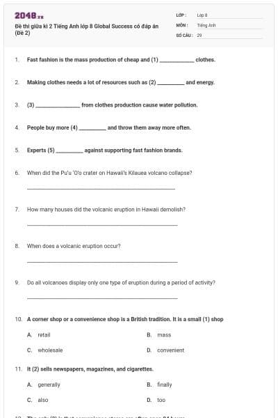 Đề thi giữa kì 2 Tiếng Anh lớp 8 Global Success có đáp án (Đề 2)