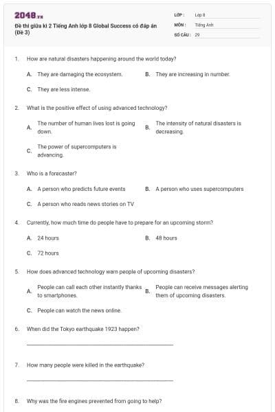 Đề thi giữa kì 2 Tiếng Anh lớp 8 Global Success có đáp án (Đề 3)