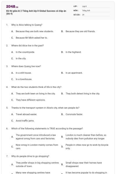 Đề thi giữa kì 2 Tiếng Anh lớp 8 Global Success có đáp án (Đề 4)